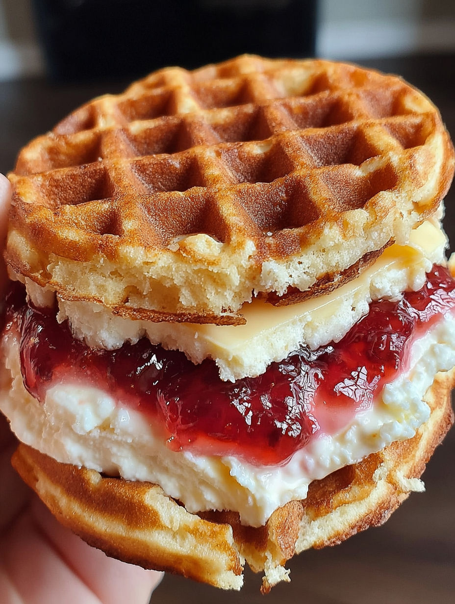 A person is holding a waffle sandwich with jelly and cheese.