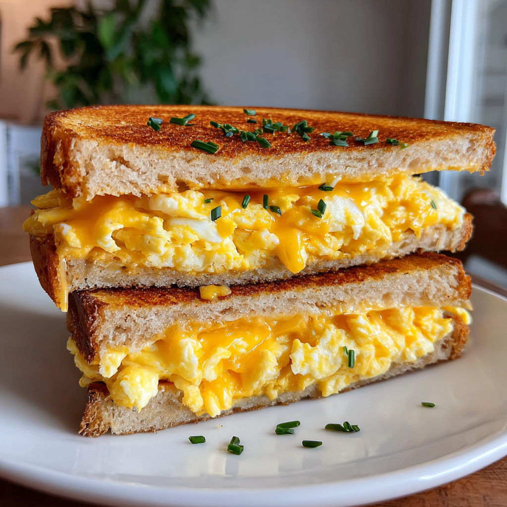 A grilled cheese sandwich with eggs on top.
