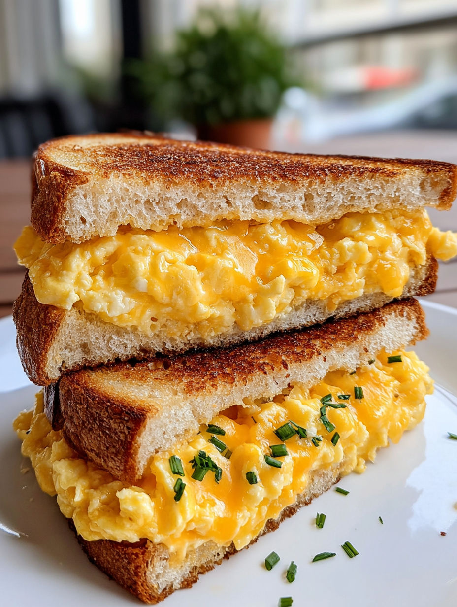 A sandwich with egg and cheese on a white plate.