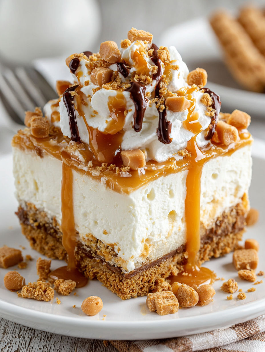 A piece of butterscotch delight on a plate.