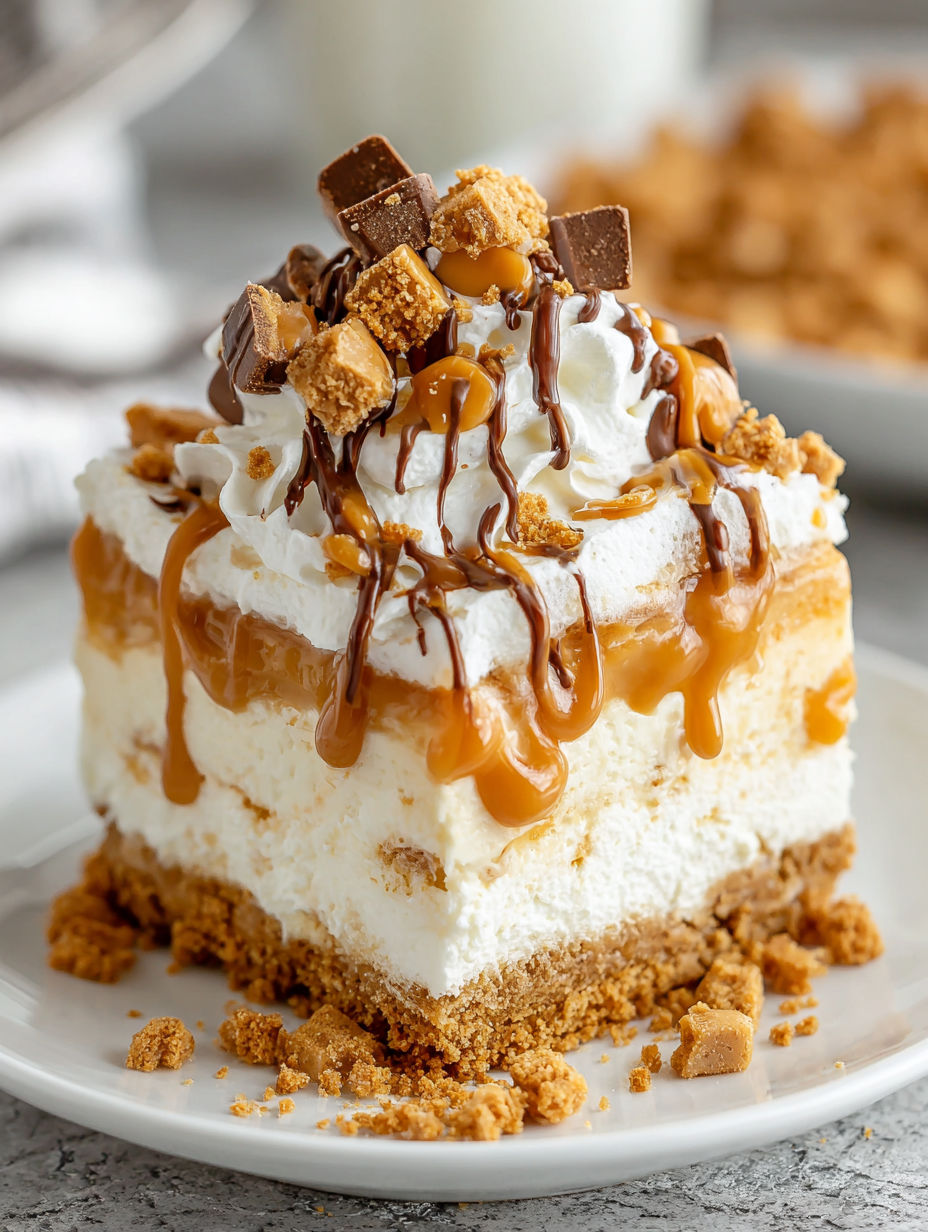 A slice of butterscotch delight with chocolate drizzle.