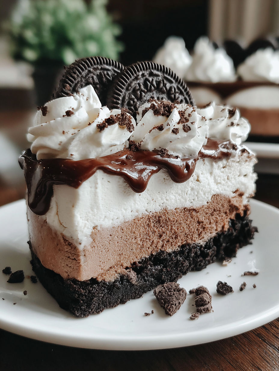 A slice of chocolate cake with white icing and chocolate drizzle.
