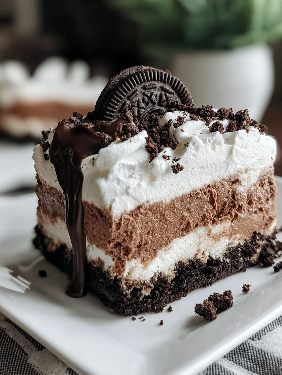 A slice of chocolate cake with white frosting and chocolate chips.