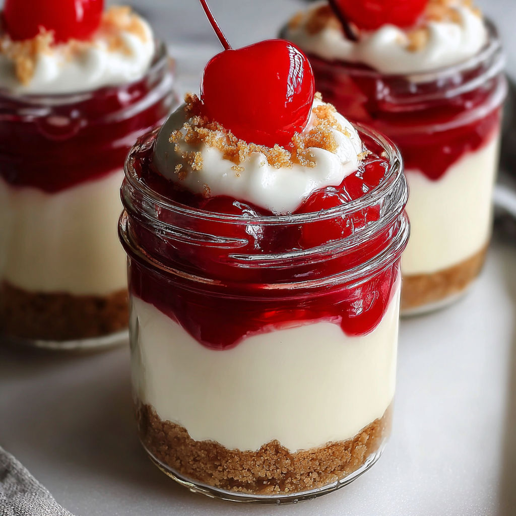 A jar of cherry cheesecake with a cherry on top.
