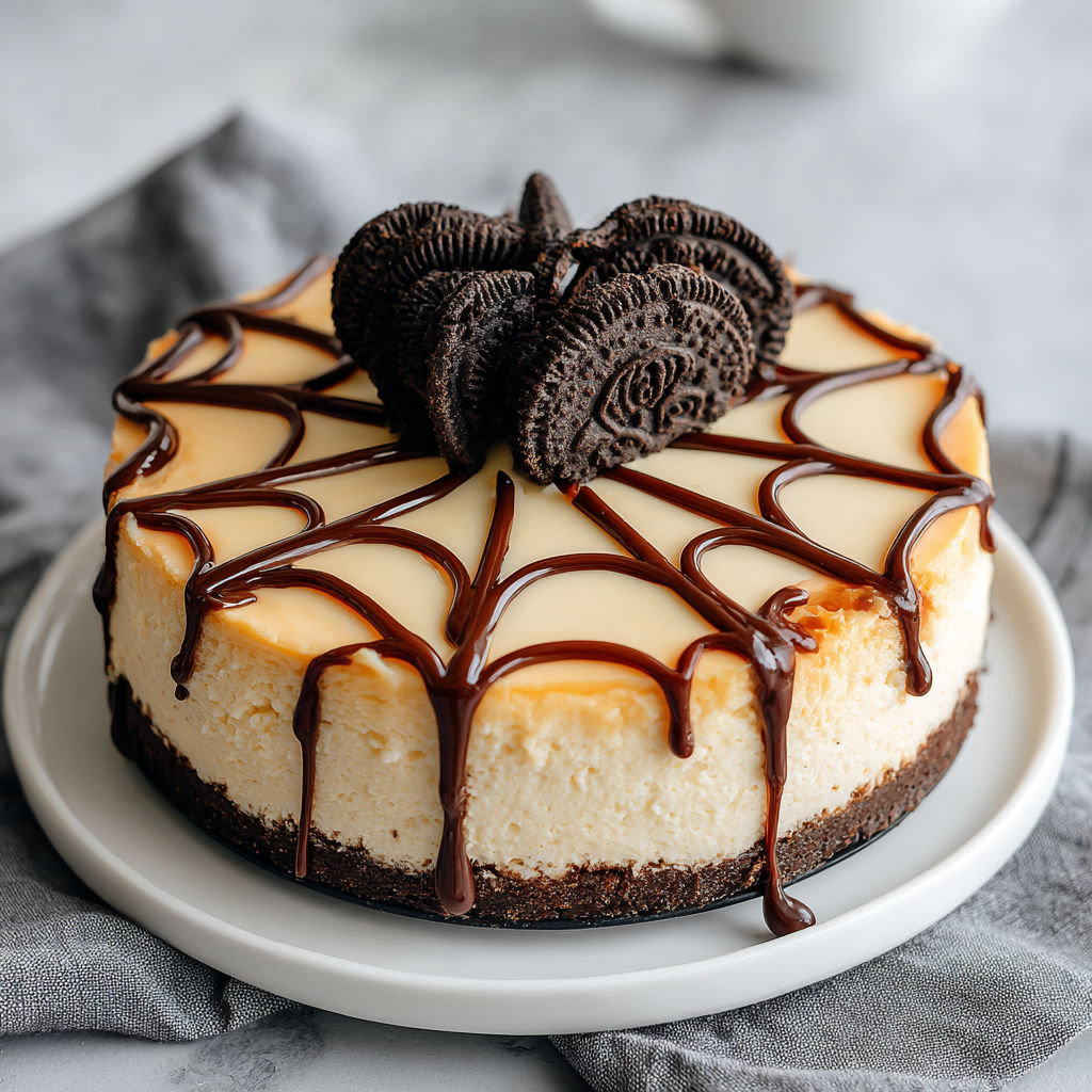 A slice of cheesecake with a spiderweb design.