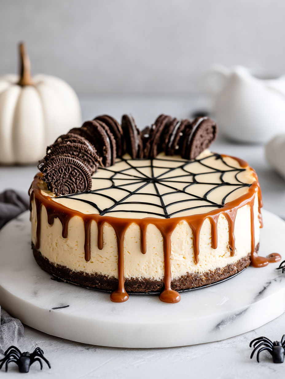 A slice of spiderweb cheesecake.