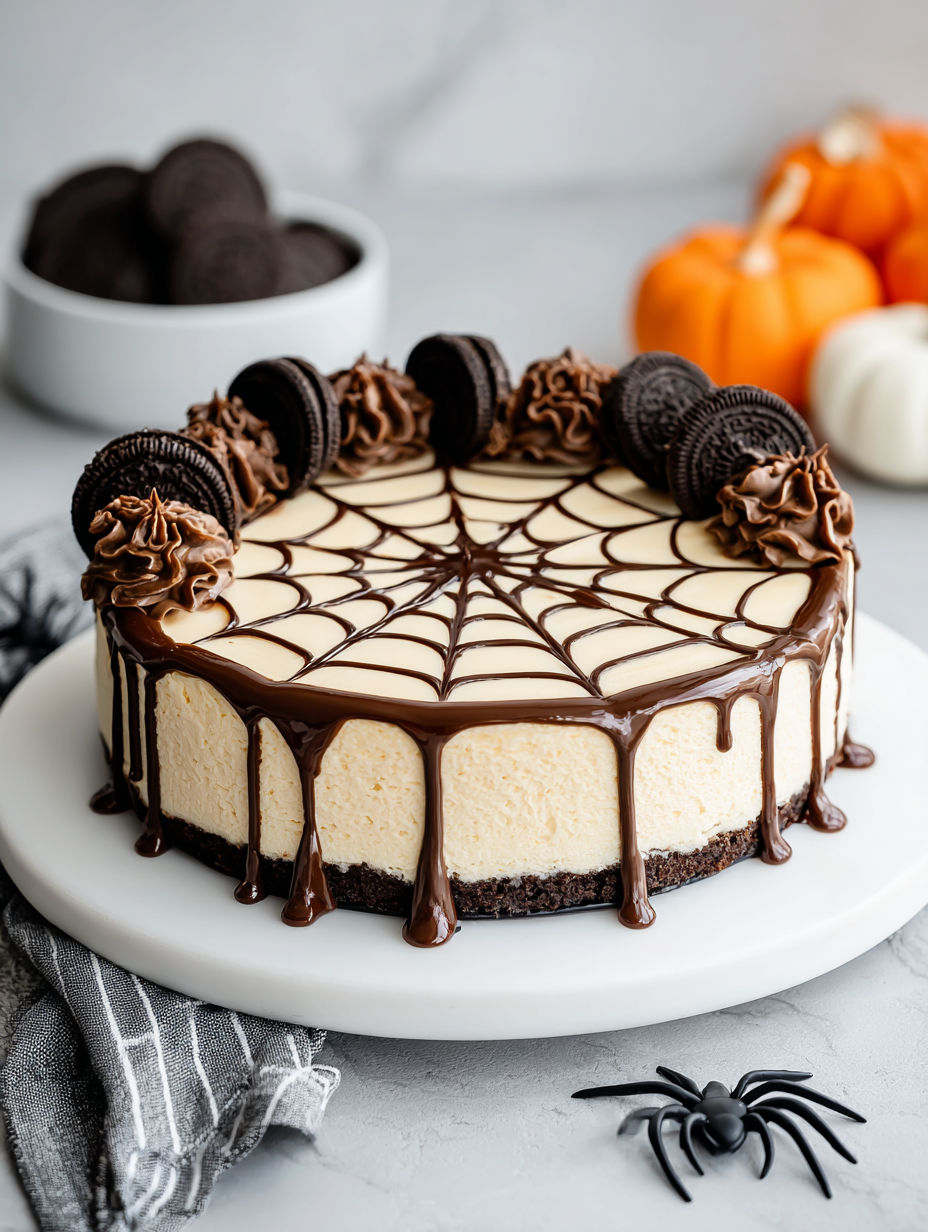 A spider web design on a cheesecake.