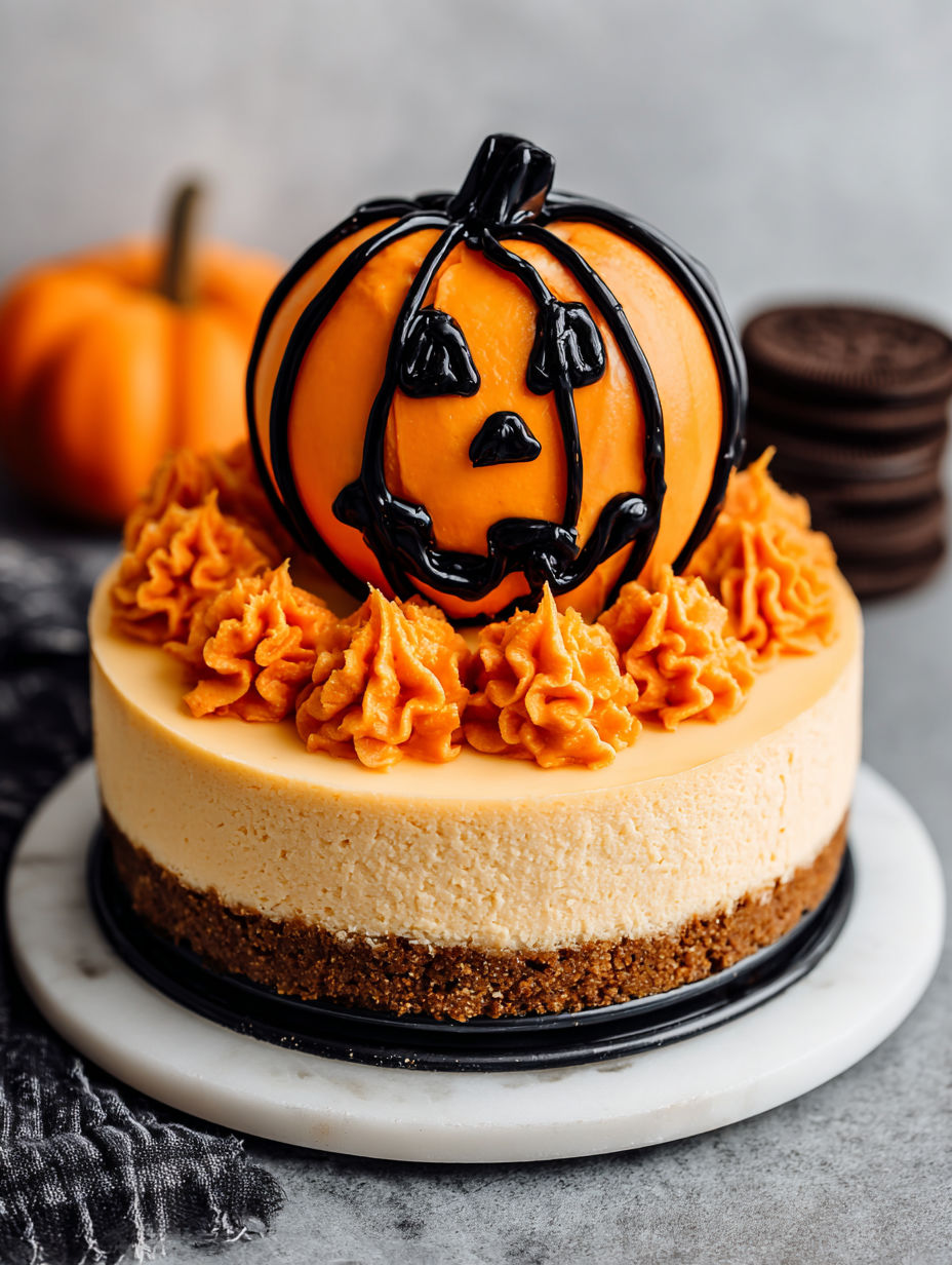 A slice of Jack-O'-Lantern cheesecake.