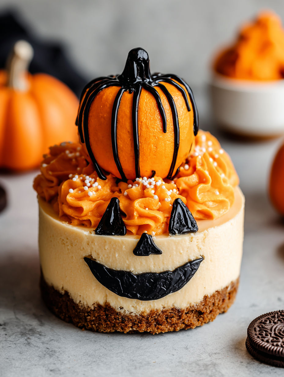 A slice of Jack-O'-Lantern cheesecake with a black and orange frosting.