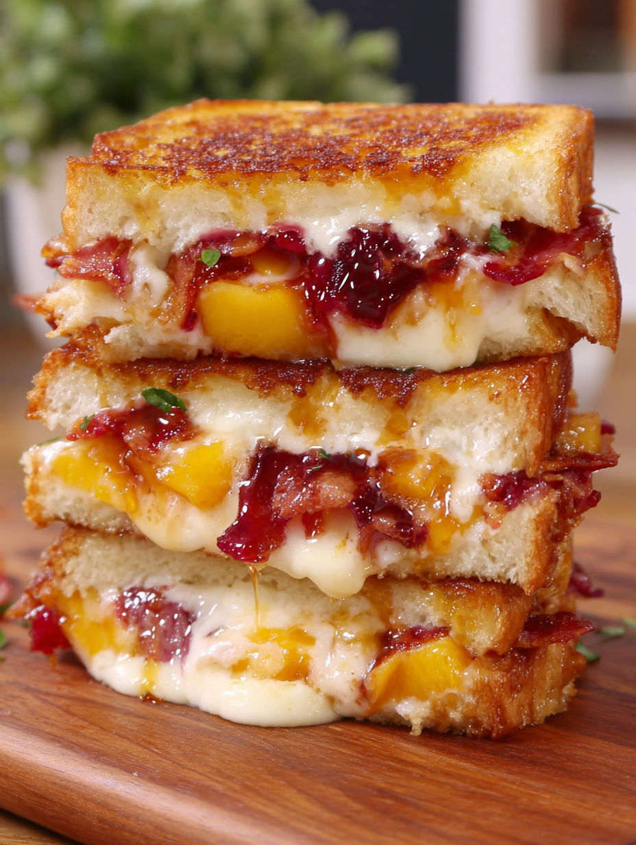 A stack of grilled cheese sandwiches with peaches.