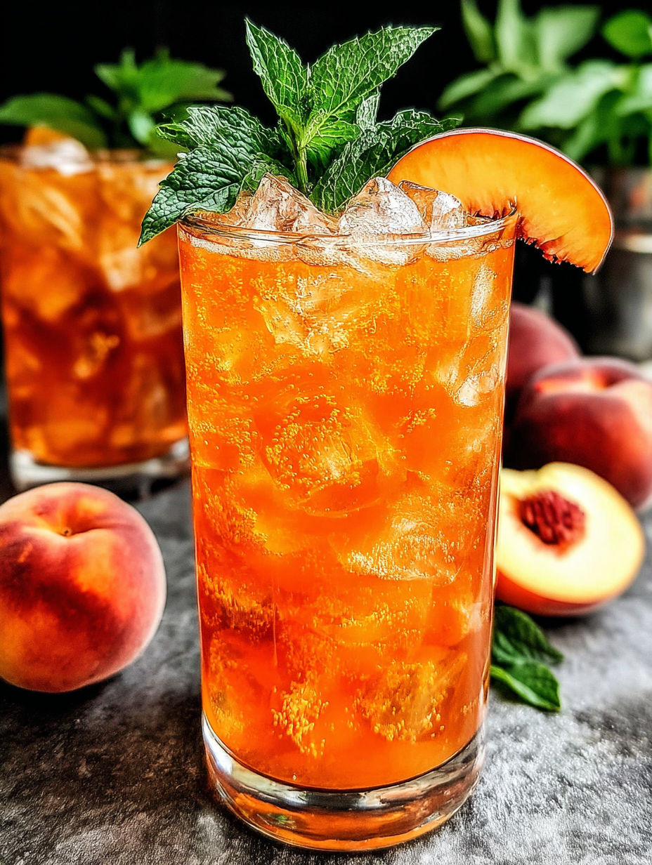 A glass of peach iced tea with a slice of peach on the side.
