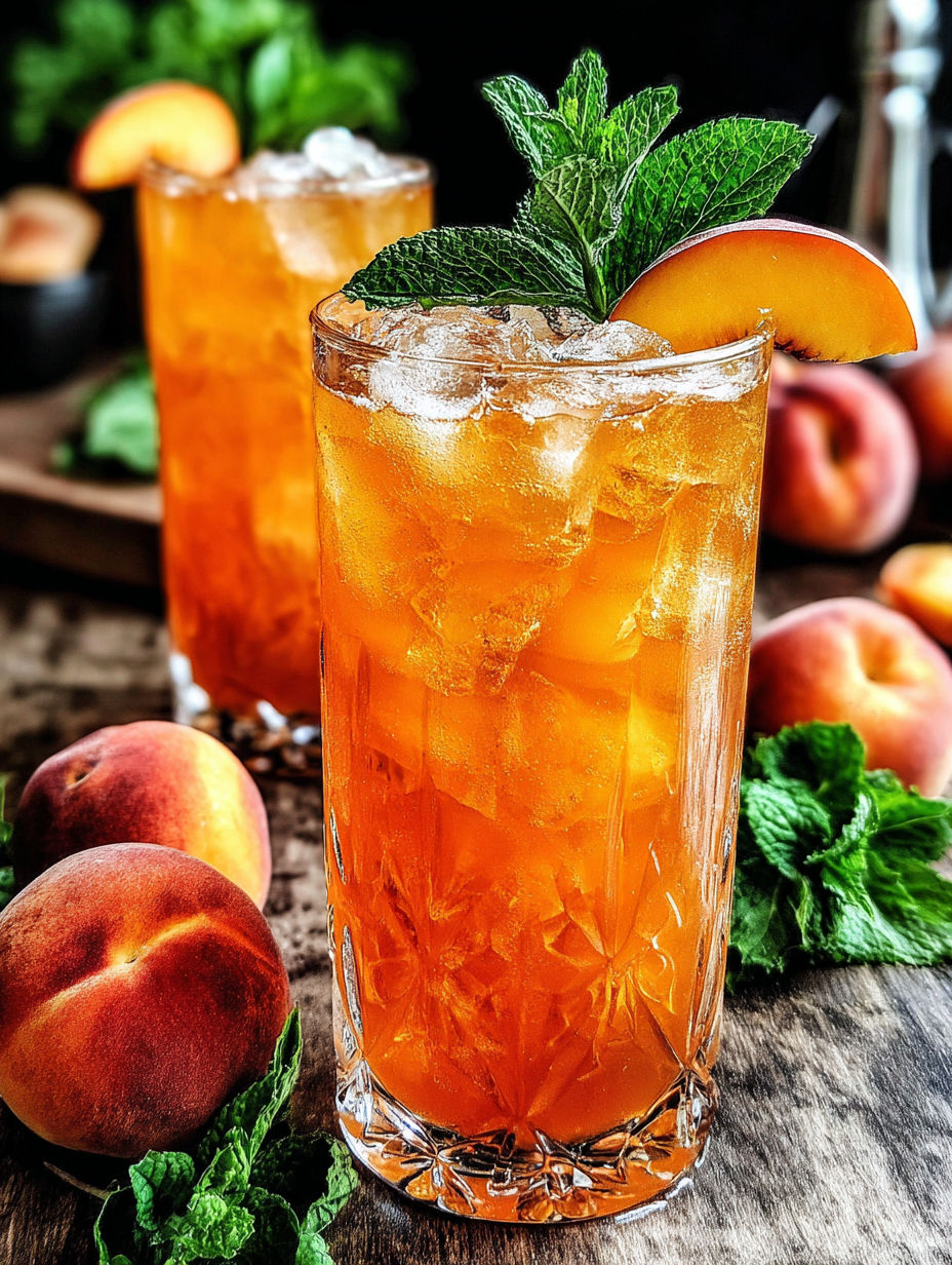 Two glasses of peach iced tea on a table.