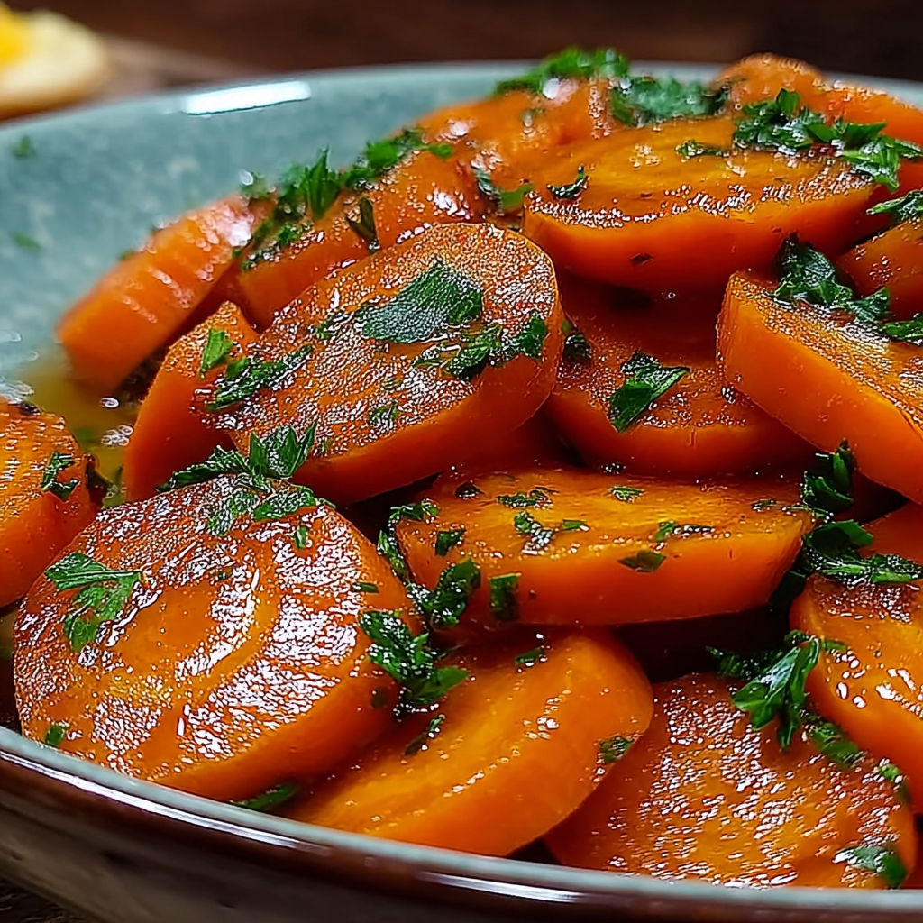 A plate of sliced carrots with green herbs on top.