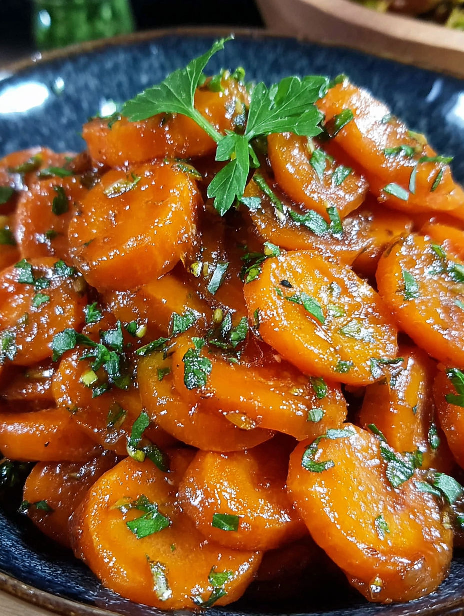 A bowl of carrots with a green garnish.