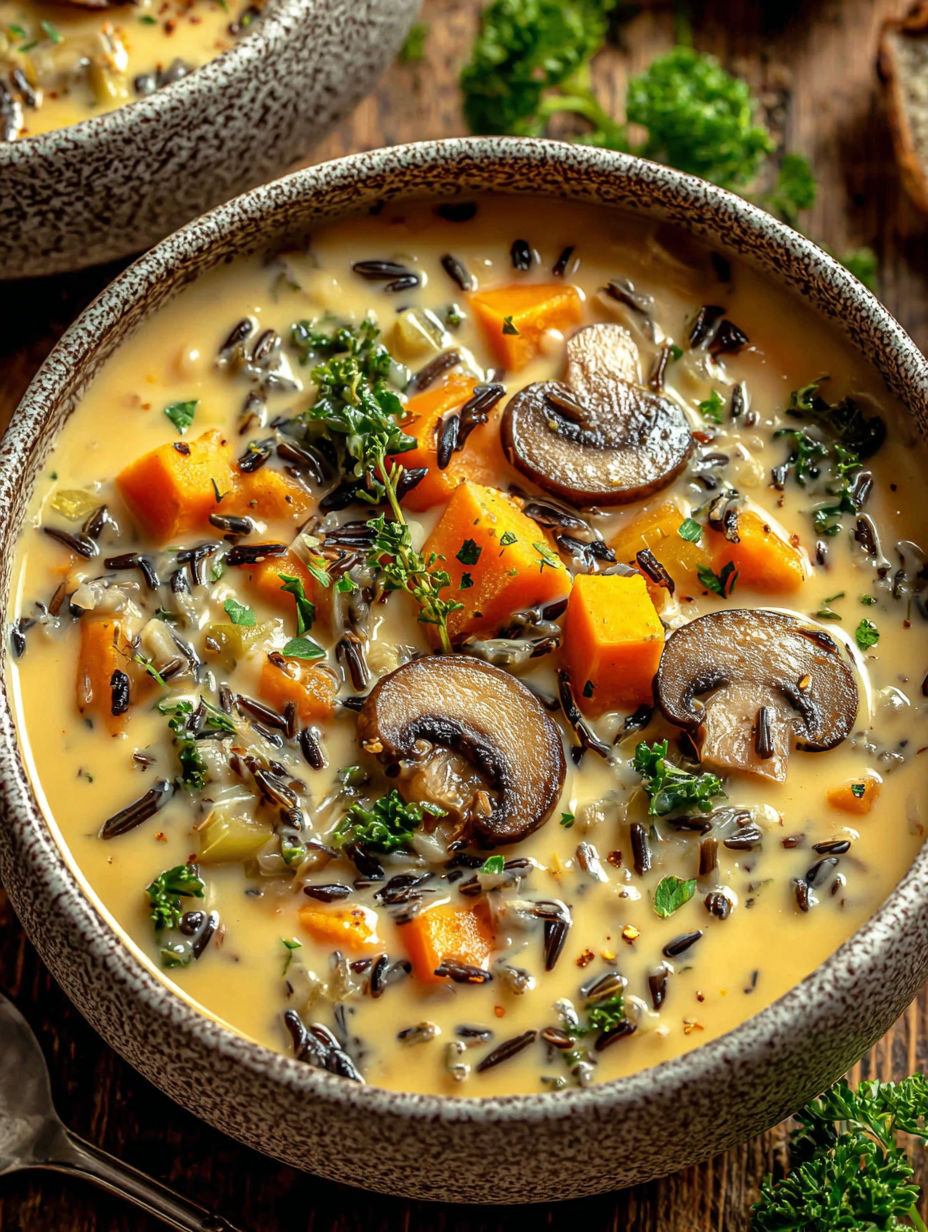 A bowl of soup with mushrooms and carrots.