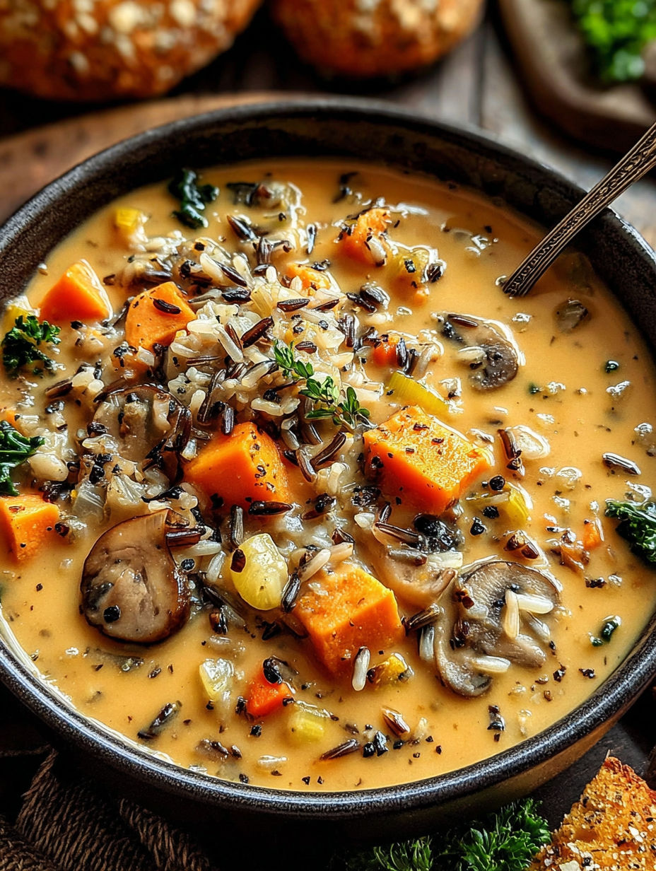 A bowl of soup with mushrooms, rice, and carrots.