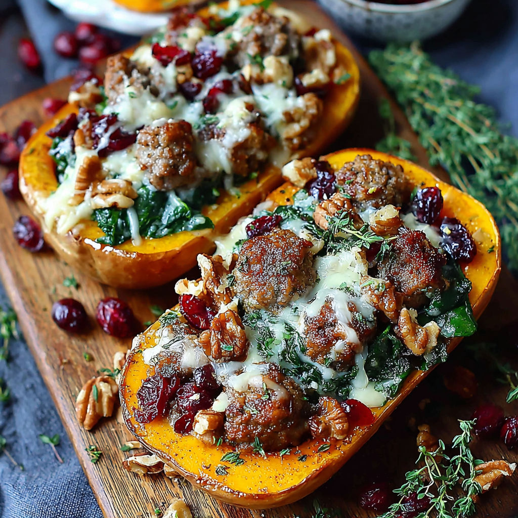 Two stuffed butternut squash with cheese and meat.