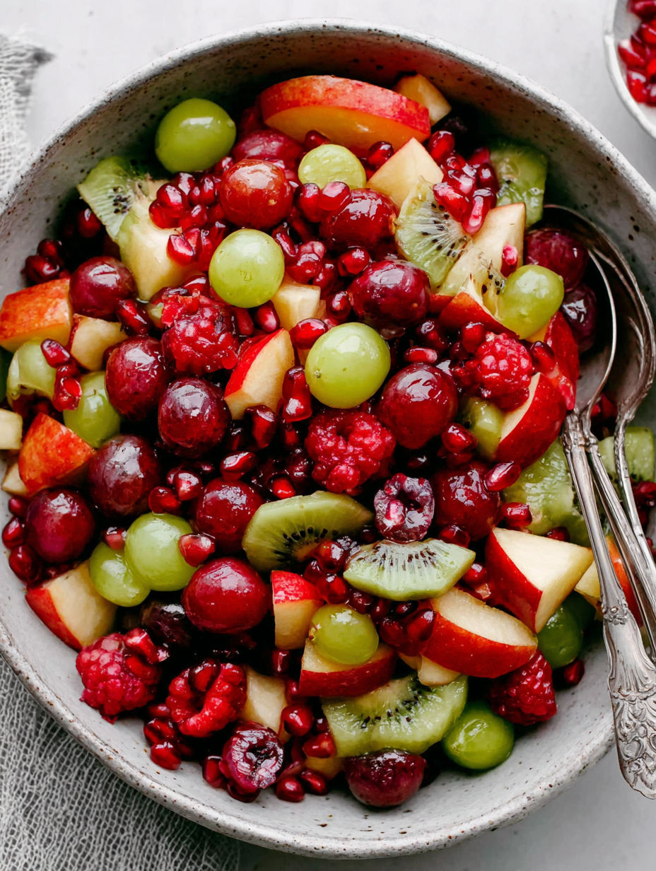 A bowl of fruit with kiwi, grapes, apples, and berries.