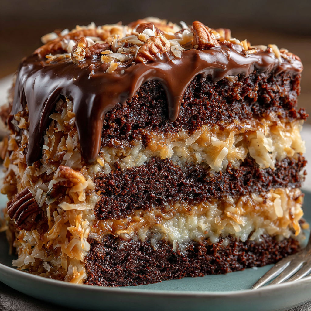 A slice of German Chocolate Cake with coconut and pecans.