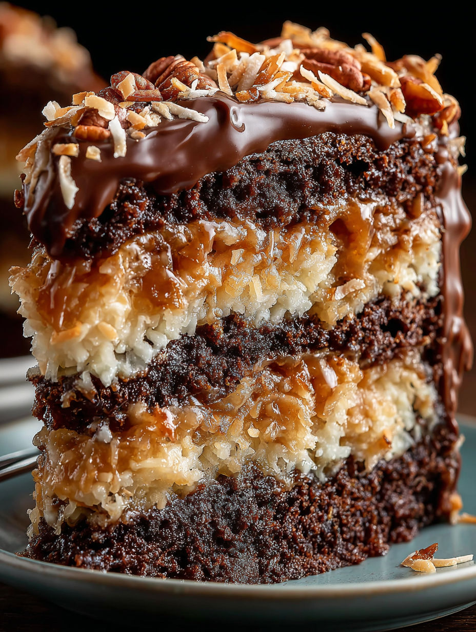 A slice of German Chocolate Cake with coconut and pecans.