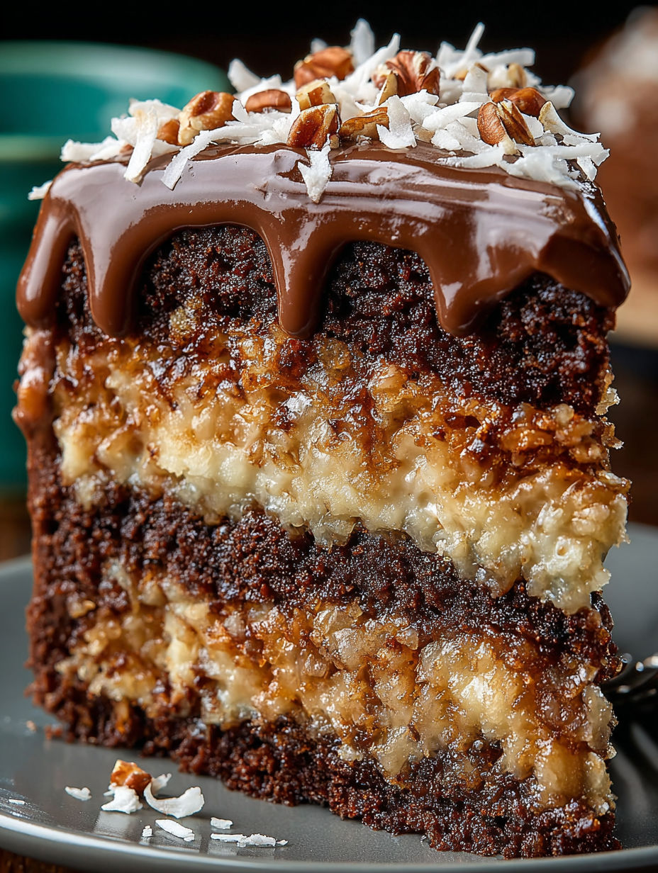 A slice of German Chocolate Cake with coconut and pecans.