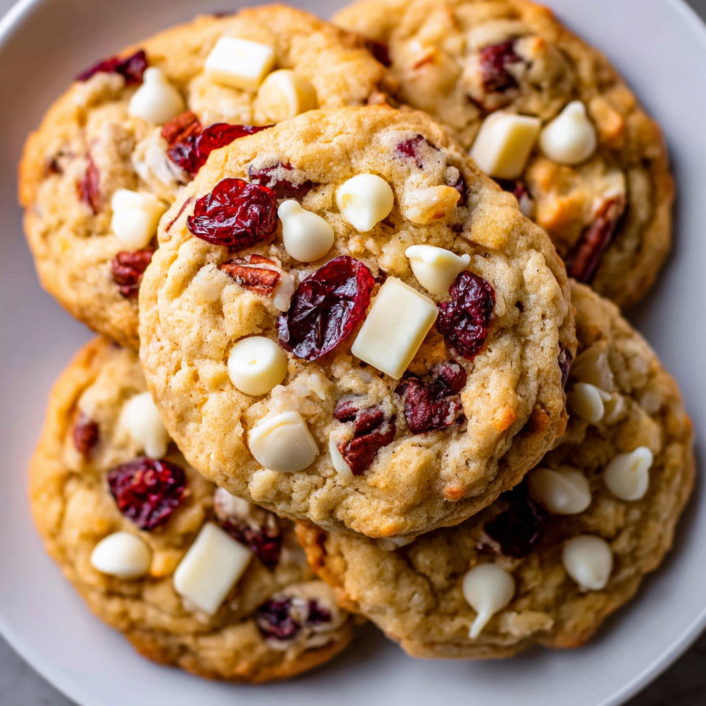 A plate of white chocolate cranberry cookies.