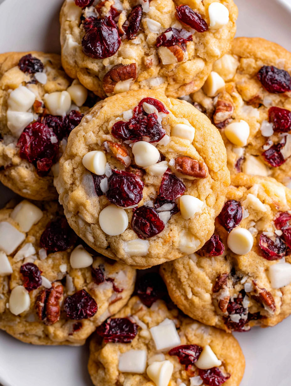 A plate of cookies with white chocolate and red berries.