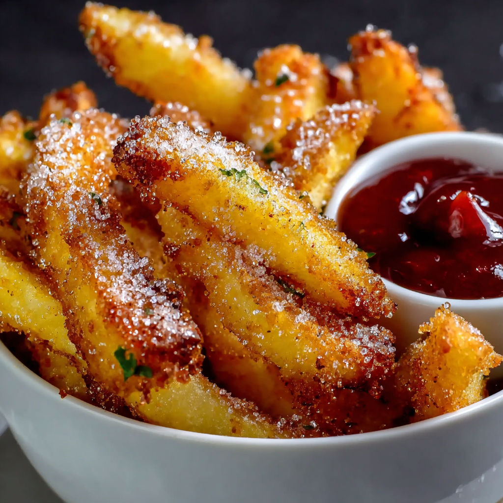 A bowl of crispy air fryer apple fries.