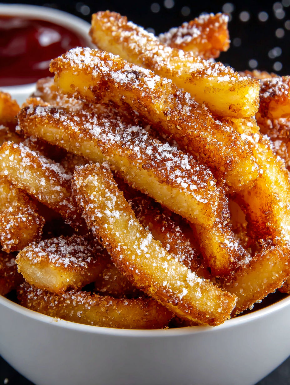 A bowl of french fries covered in powdered sugar.