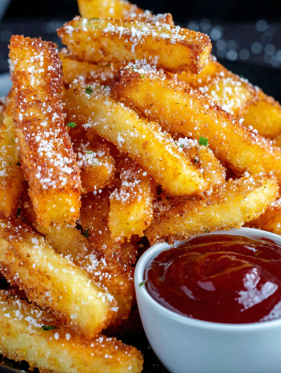 A plate of french fries with ketchup.