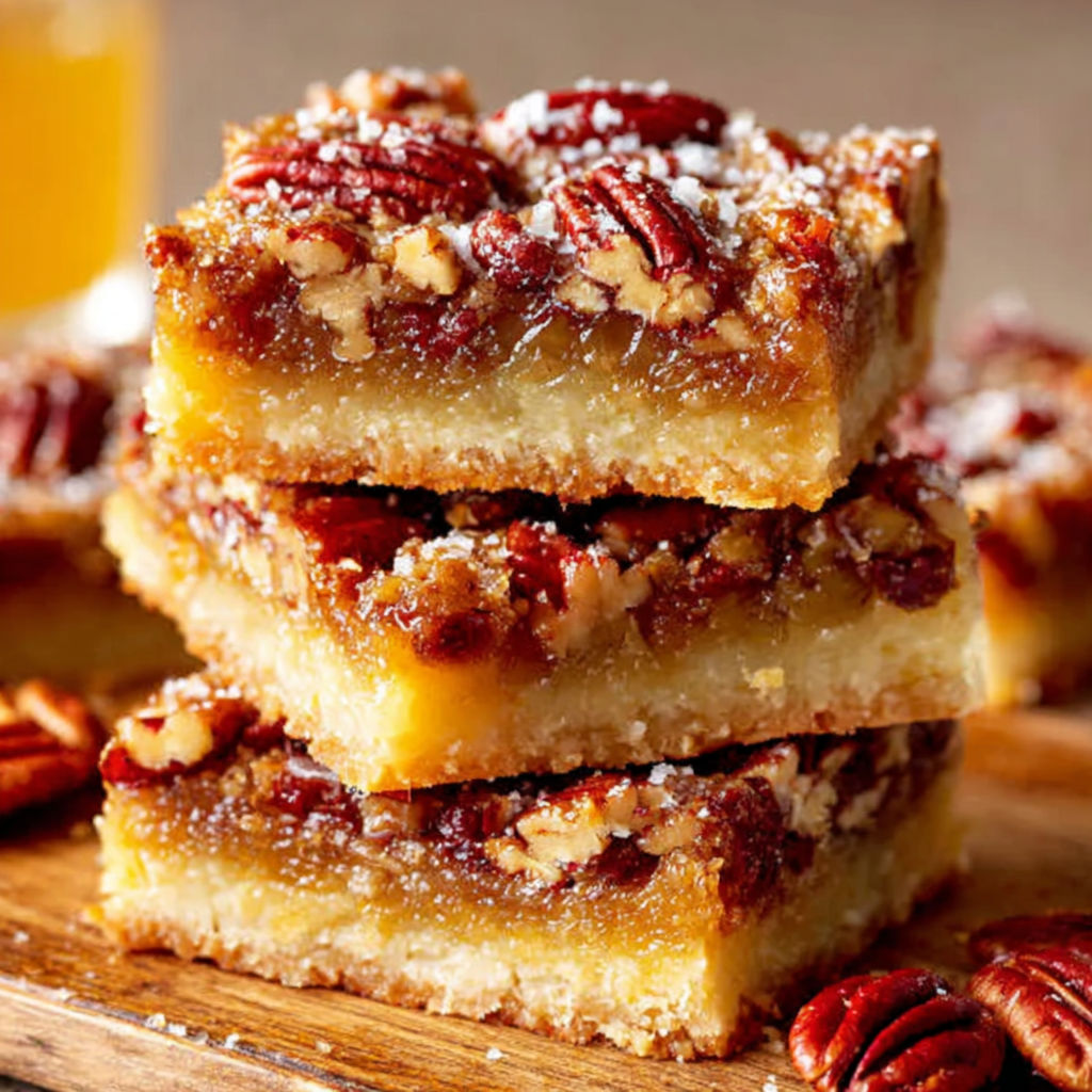 A stack of pecan pie bars.