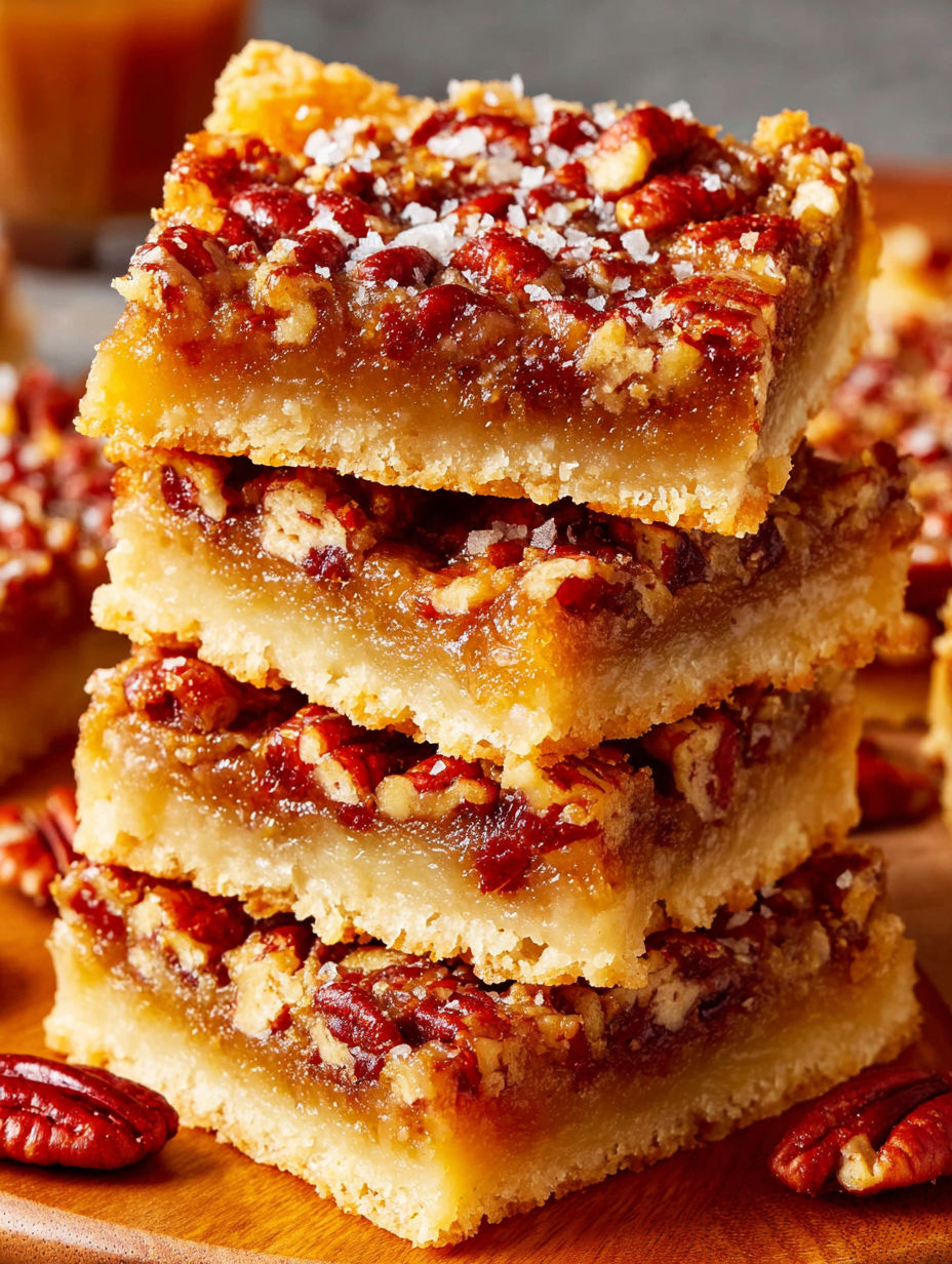 Stack of pecan pie bars.