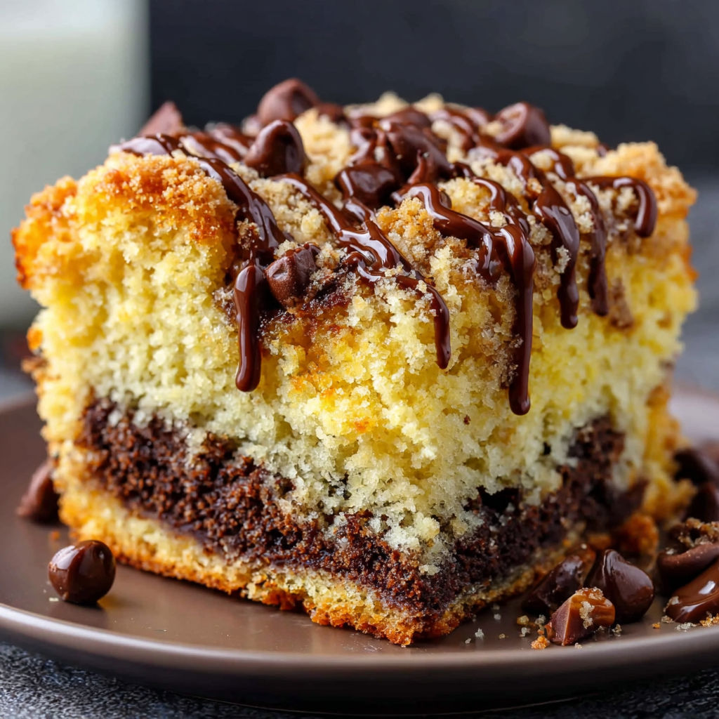 A slice of chocolate chip coffee cake.