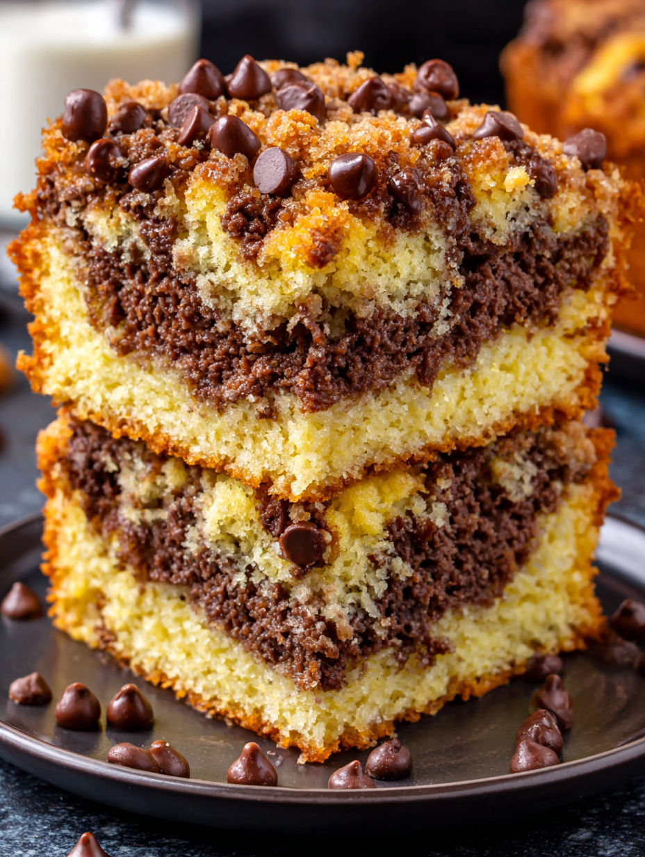 A slice of chocolate chip coffee cake.