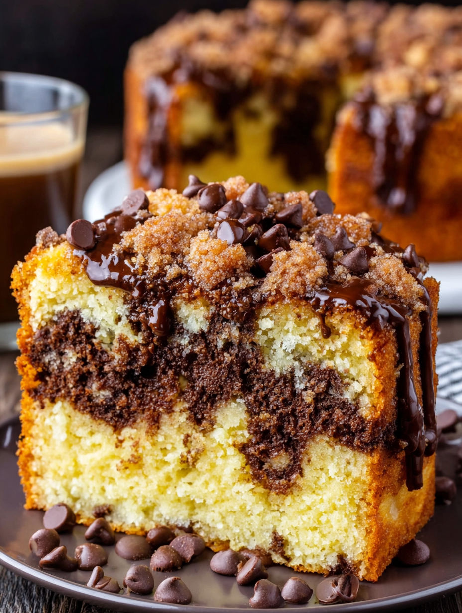 A slice of chocolate chip coffee cake.