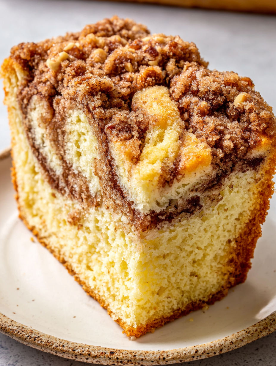 A slice of sour cream coffee cake.