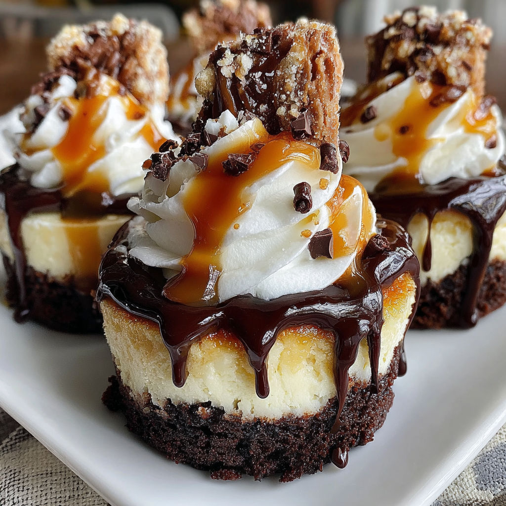 Loaded brownie cheesecake cups with chocolate and caramel drizzles.