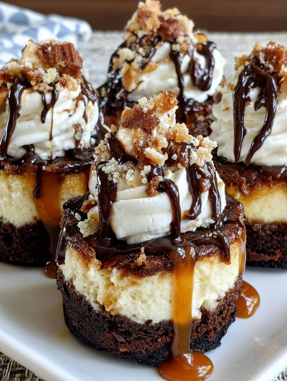 Loaded brownie cheesecake cups with chocolate drizzle.