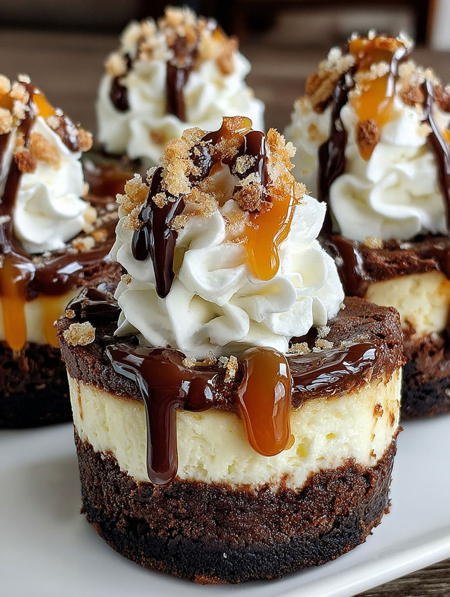 Loaded brownie cheesecake cups with whipped cream and caramel drizzle.