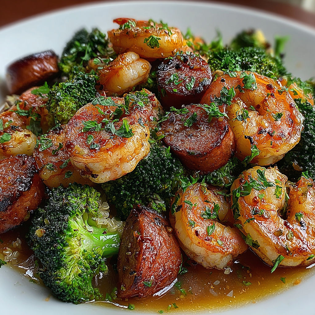 A plate of shrimp, sausage, and broccoli.