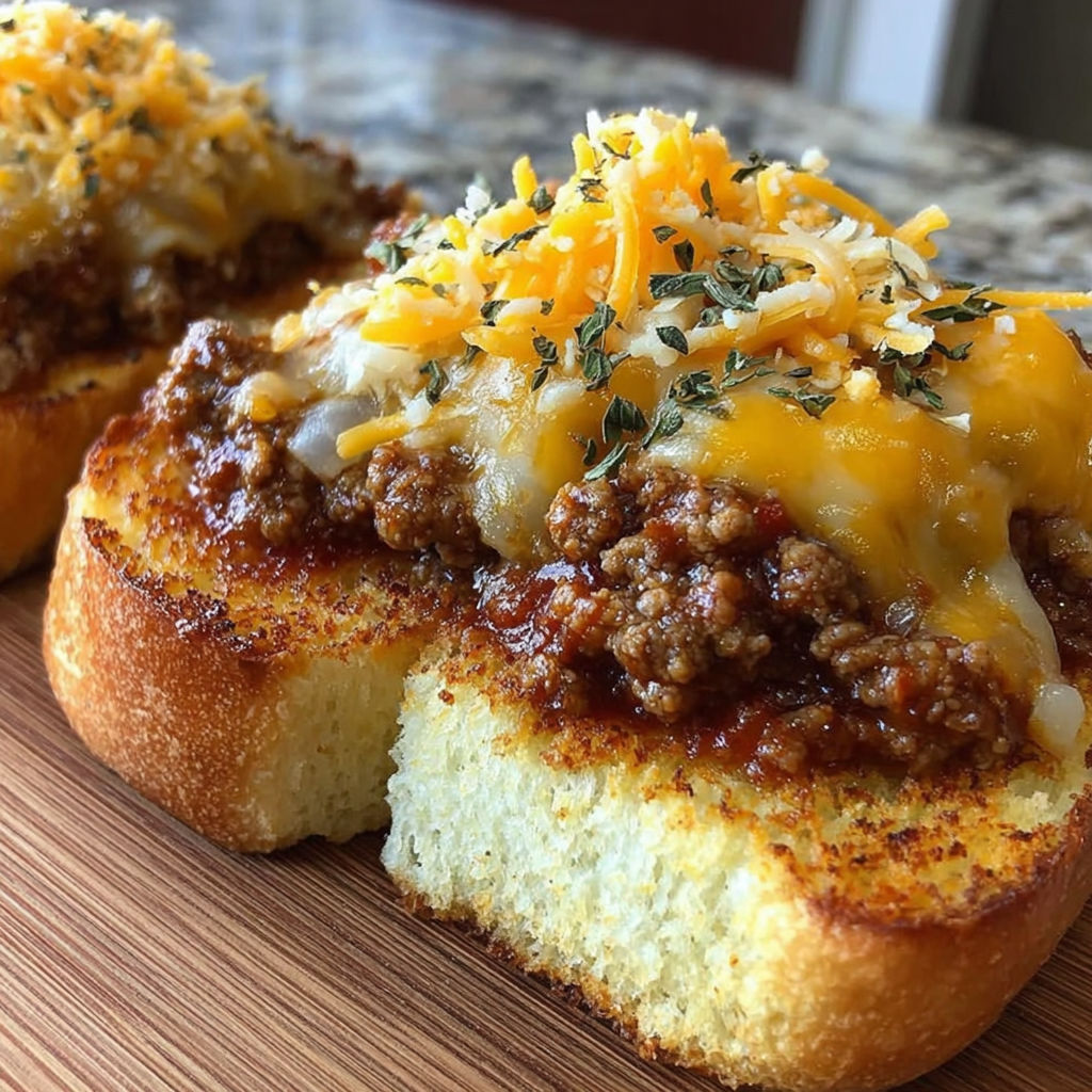 A close up of a cheesy sloppy joe garlic toast.