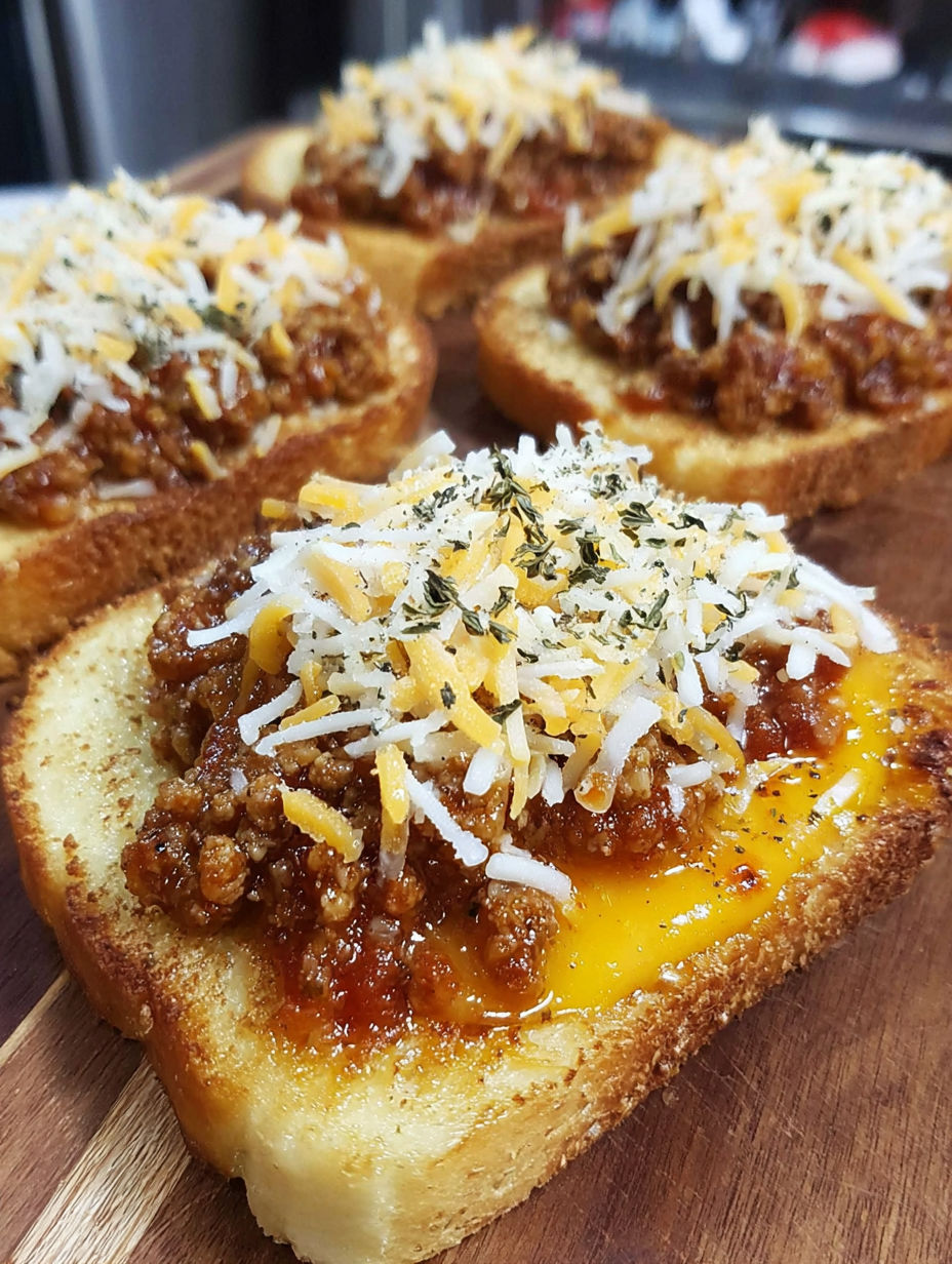 A slice of garlic toast with cheesy sloppy joe on top.