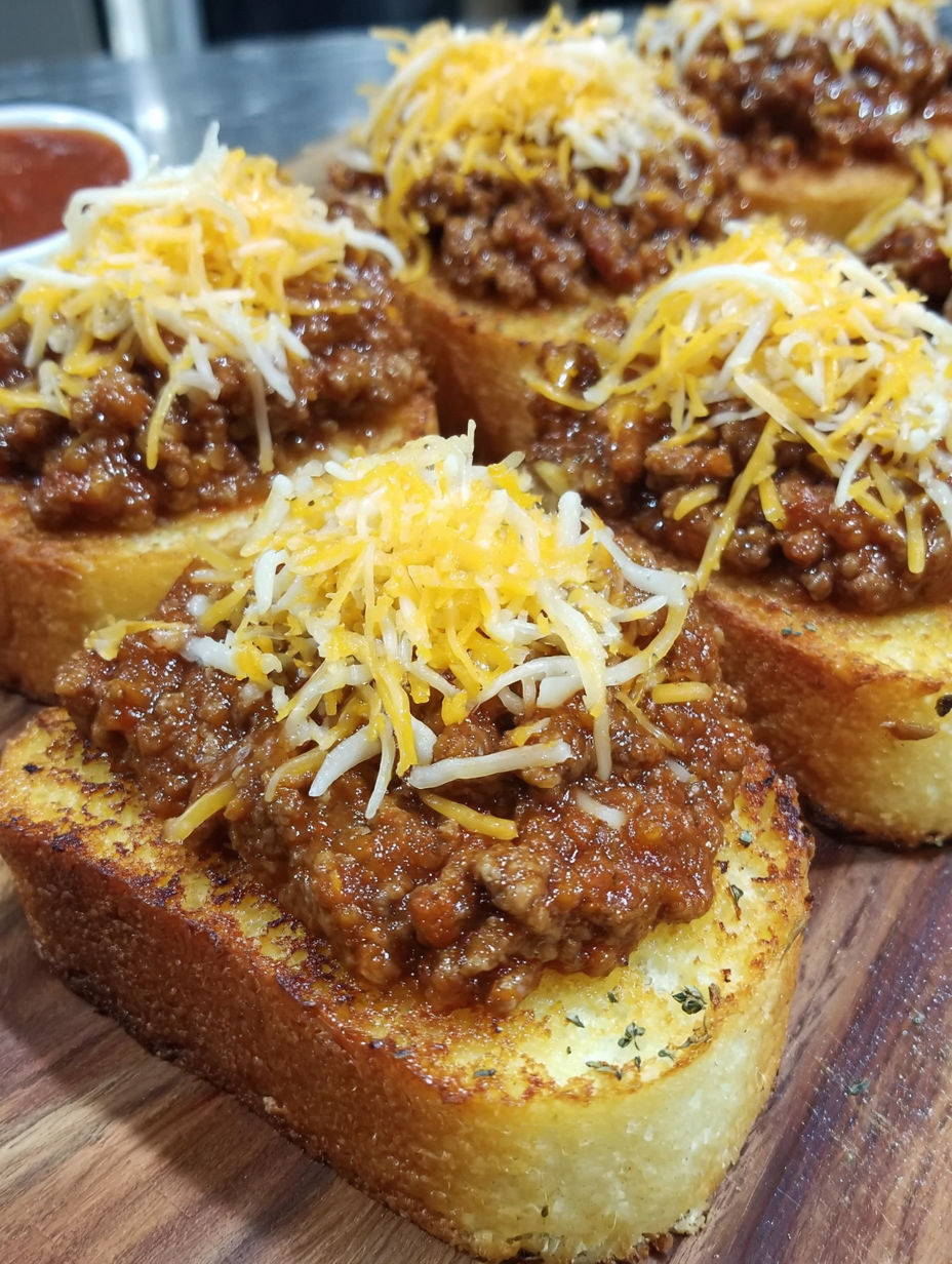 A close up of a cheesy sloppy joe garlic toast.