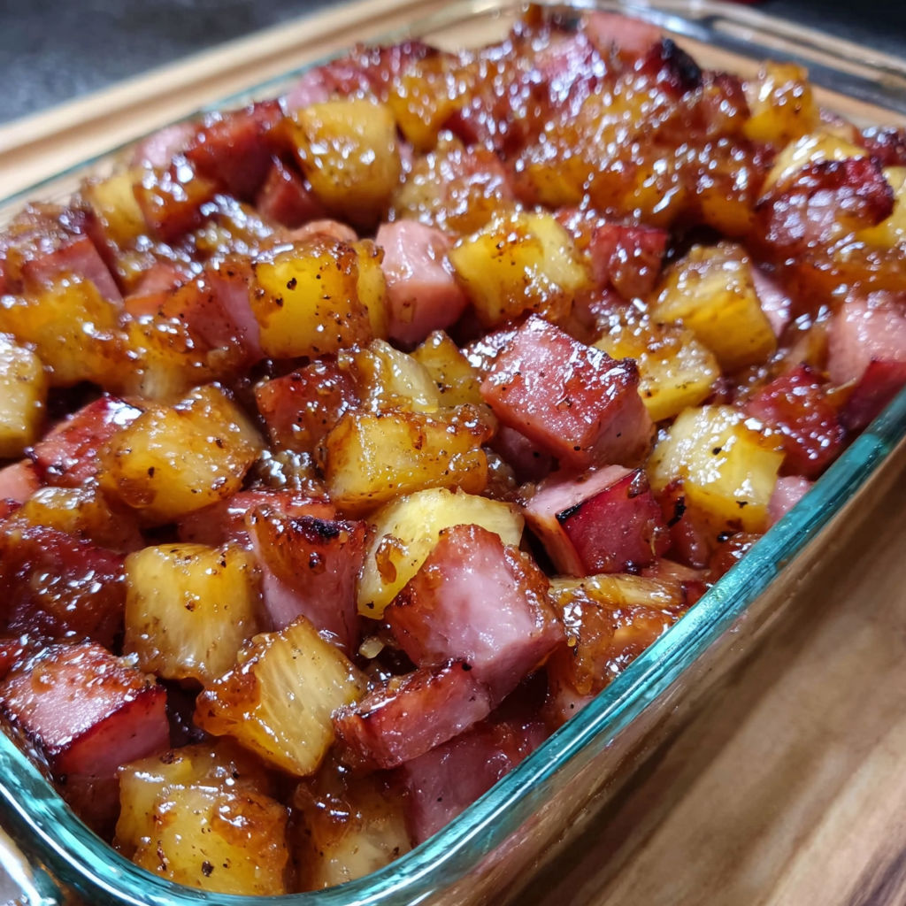 A dish of ham and pineapple with brown sugar.