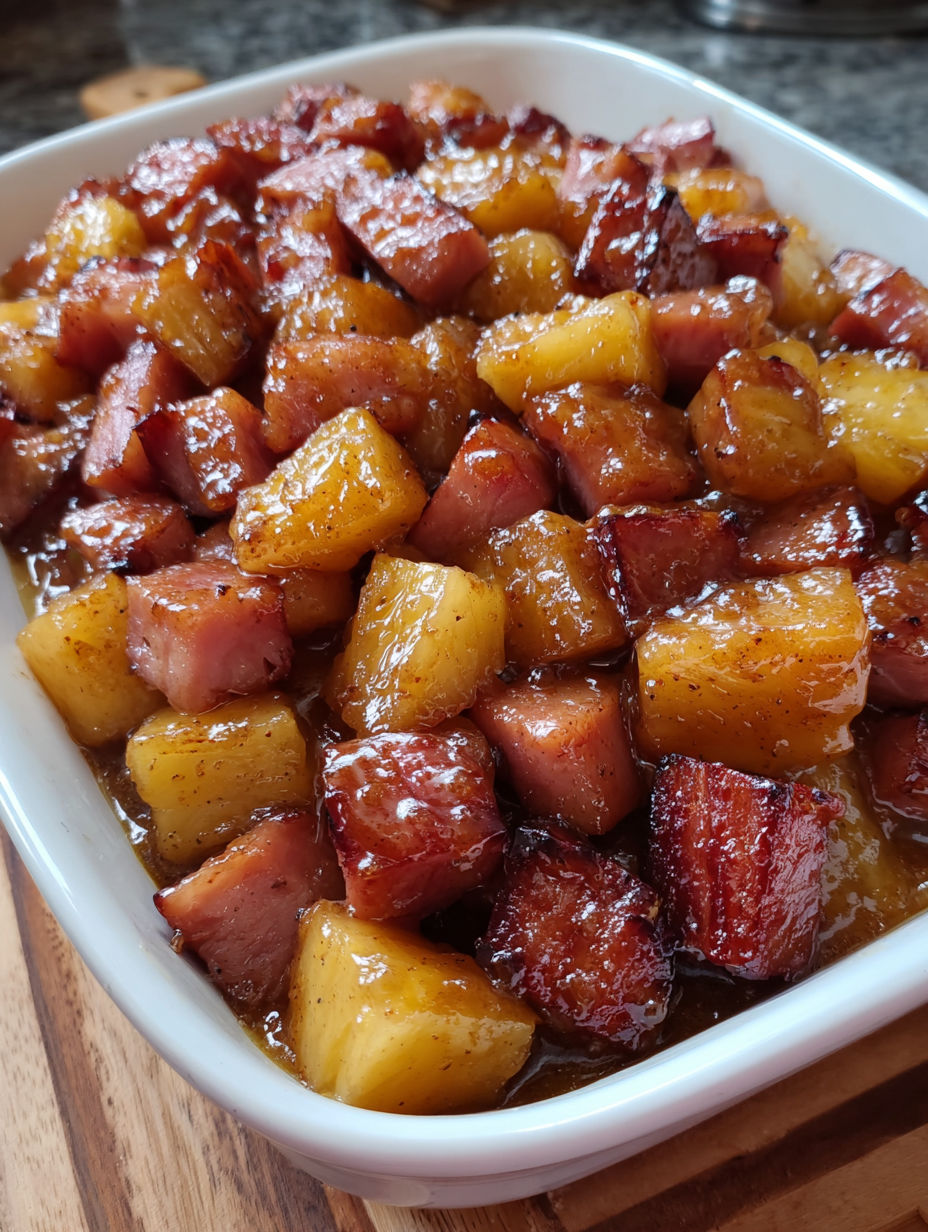 A dish of meat and pineapple.