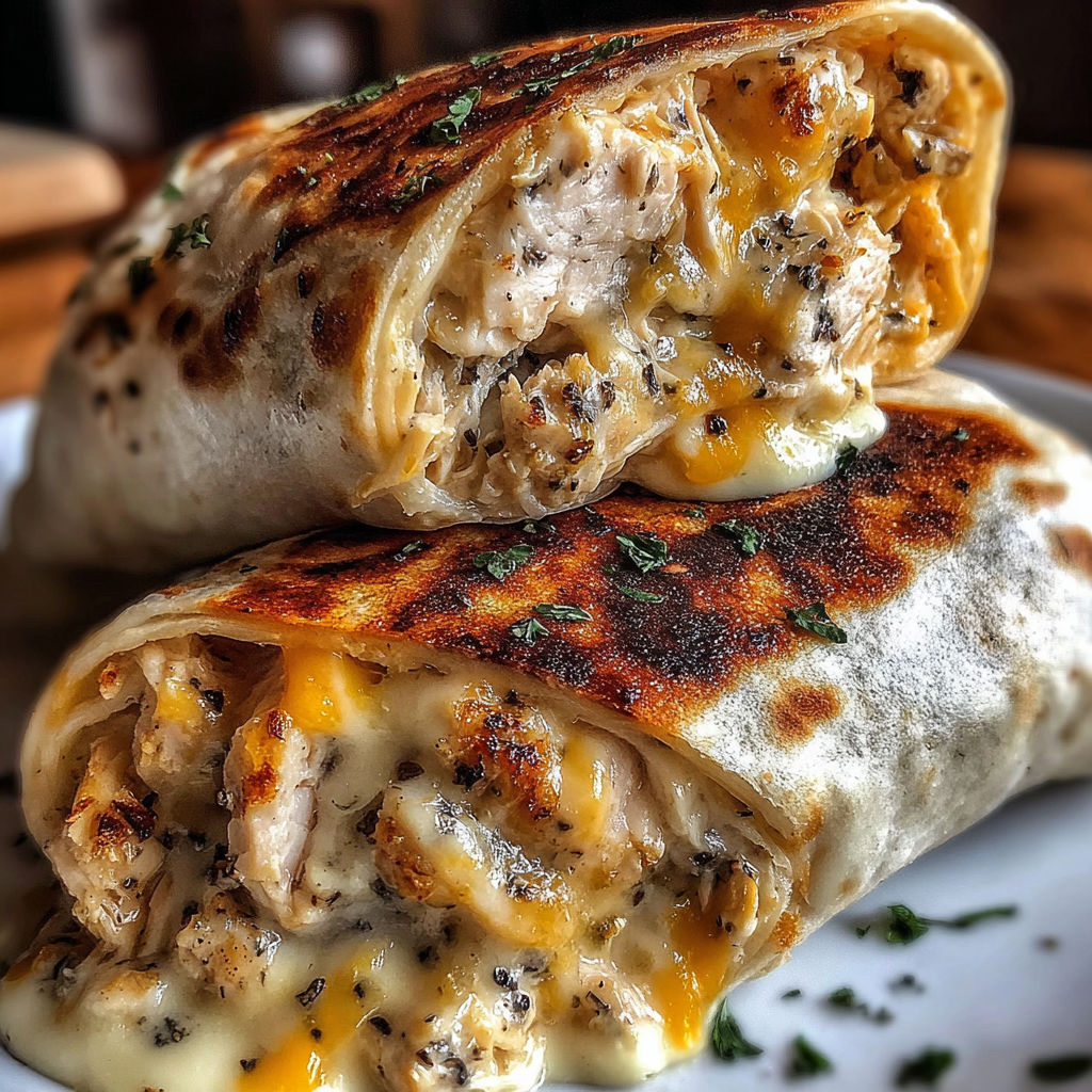 Two cheesy garlic chicken wraps stacked on a plate.