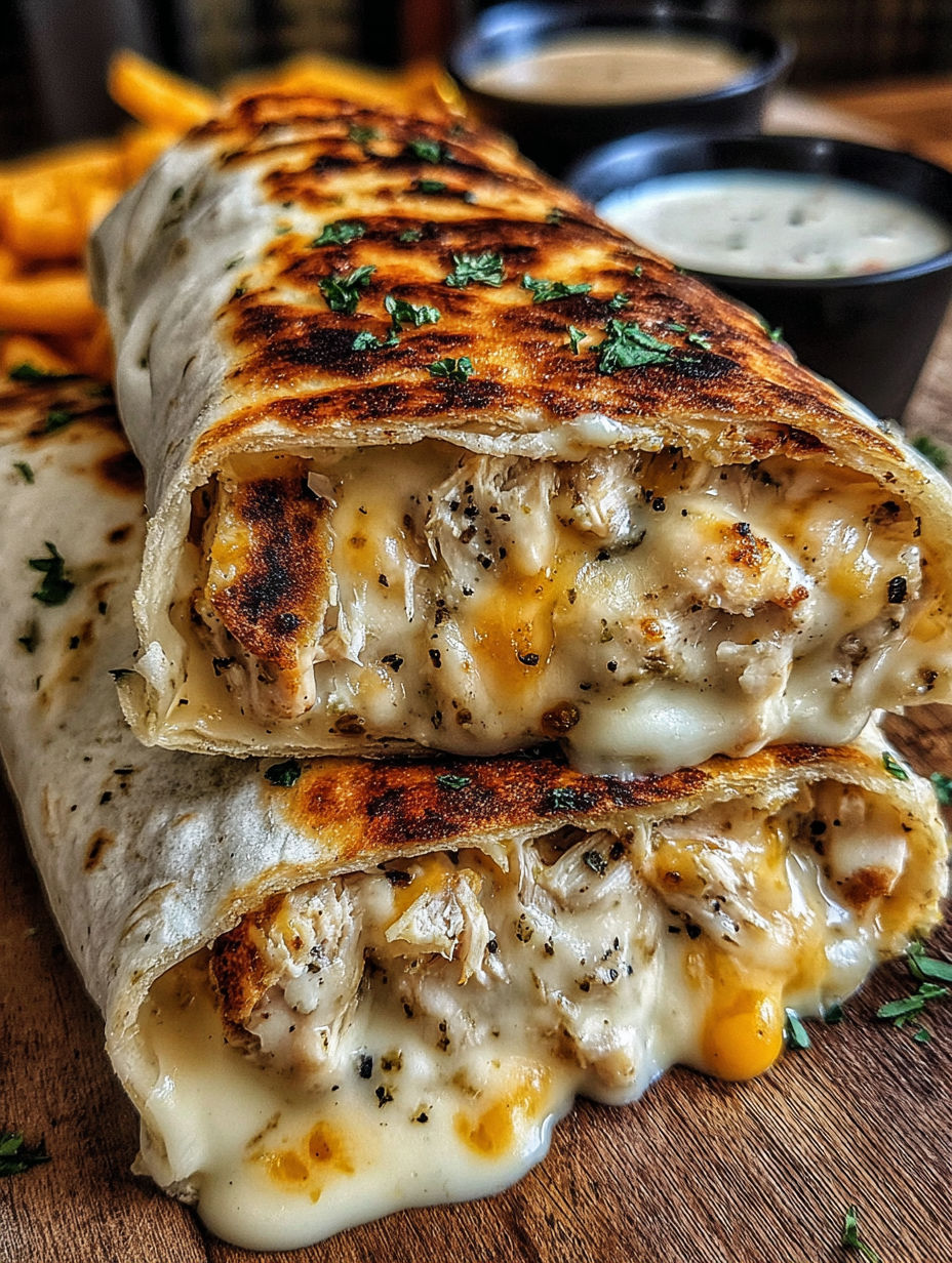 A burrito with cheese and chicken.