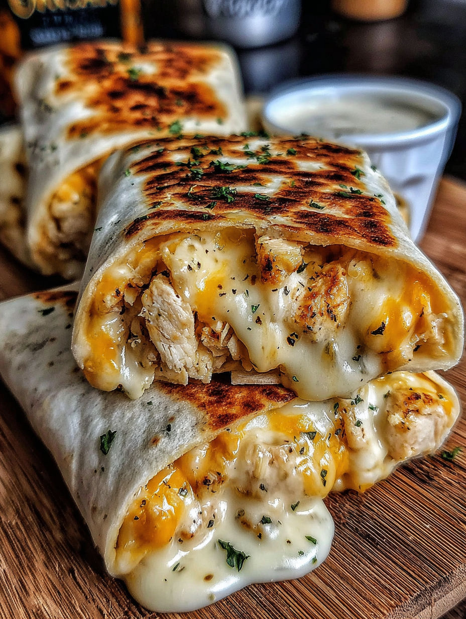 A burrito with cheese and chicken on a wooden table.