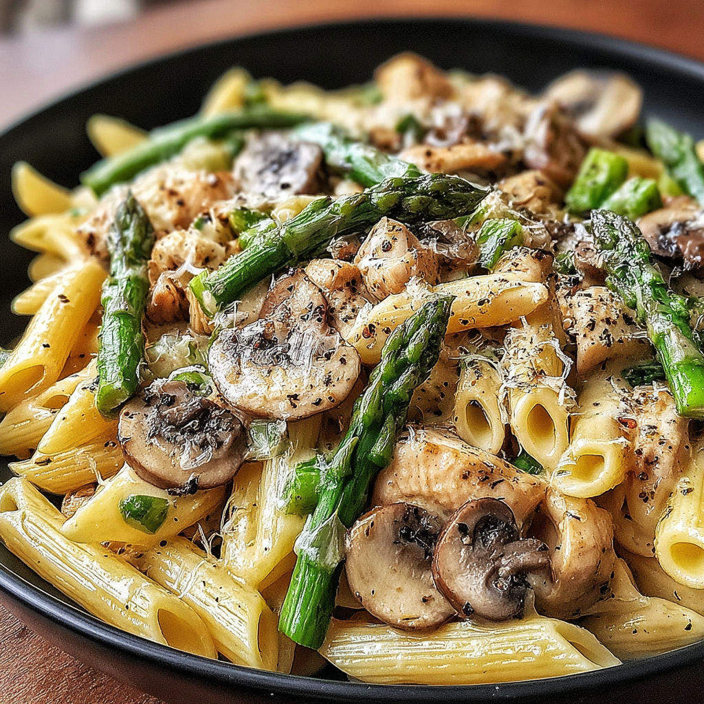 A bowl of pasta with mushrooms, asparagus, and chicken.