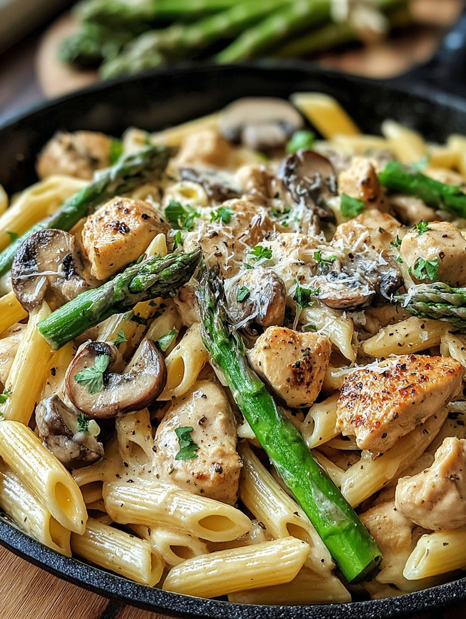 A bowl of pasta with chicken, mushrooms, and asparagus.